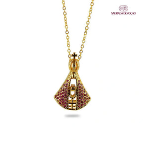 Colar Nossa Senhora Aparecida - Dupla Face com Manto de Zircônia Rosa